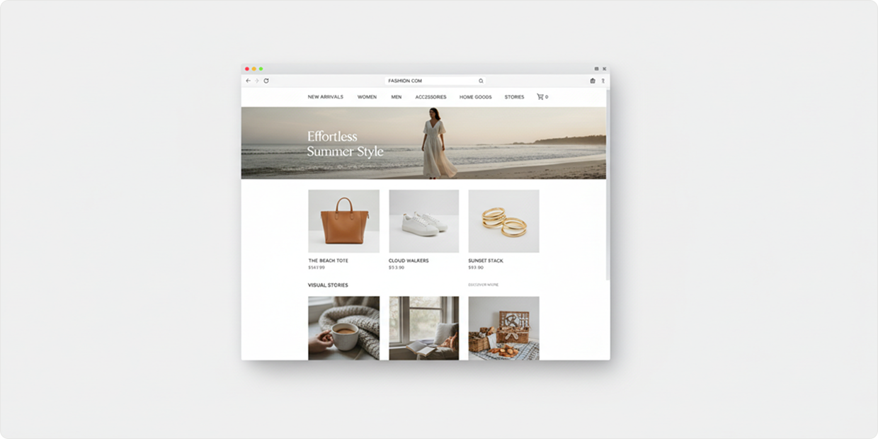E-commerce Brand — desktop storefront showing a seasonal campaign and product grid.