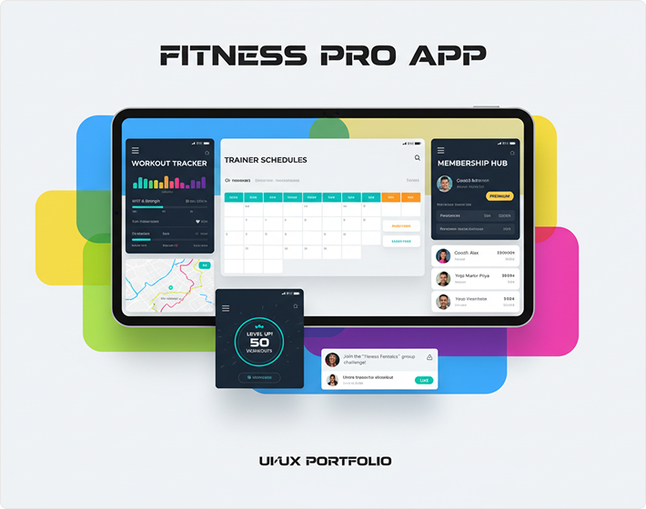 Gym App — dashboard, trainer schedule and membership screens across tablet and mobile.