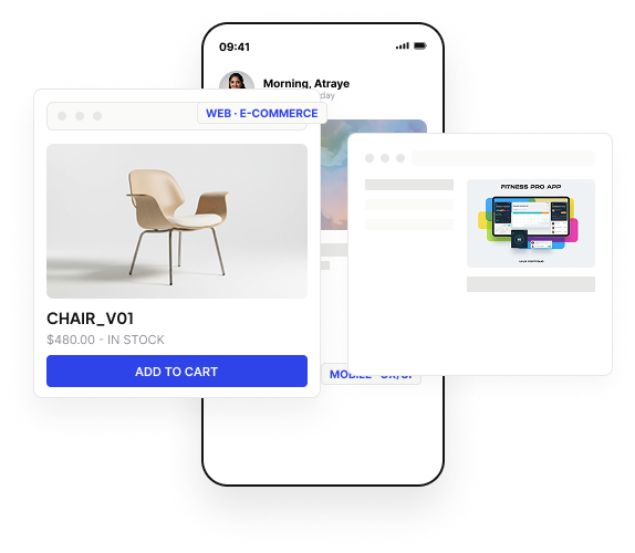 Interface screens from the Meditation App, e-commerce brand and Gym App projects, arranged as a composition.