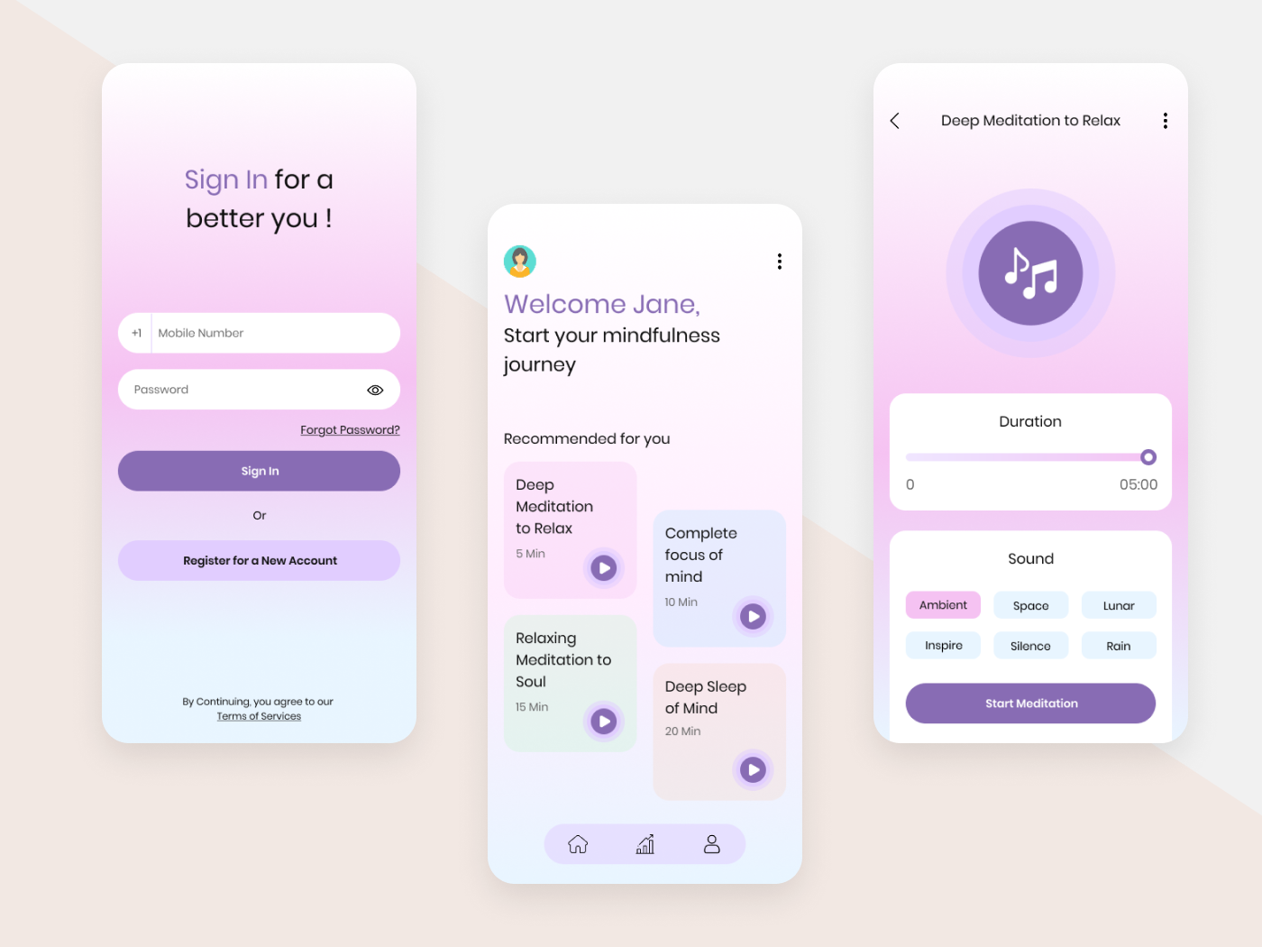 Meditation App — timer screen showing a breathing session on a mobile device.